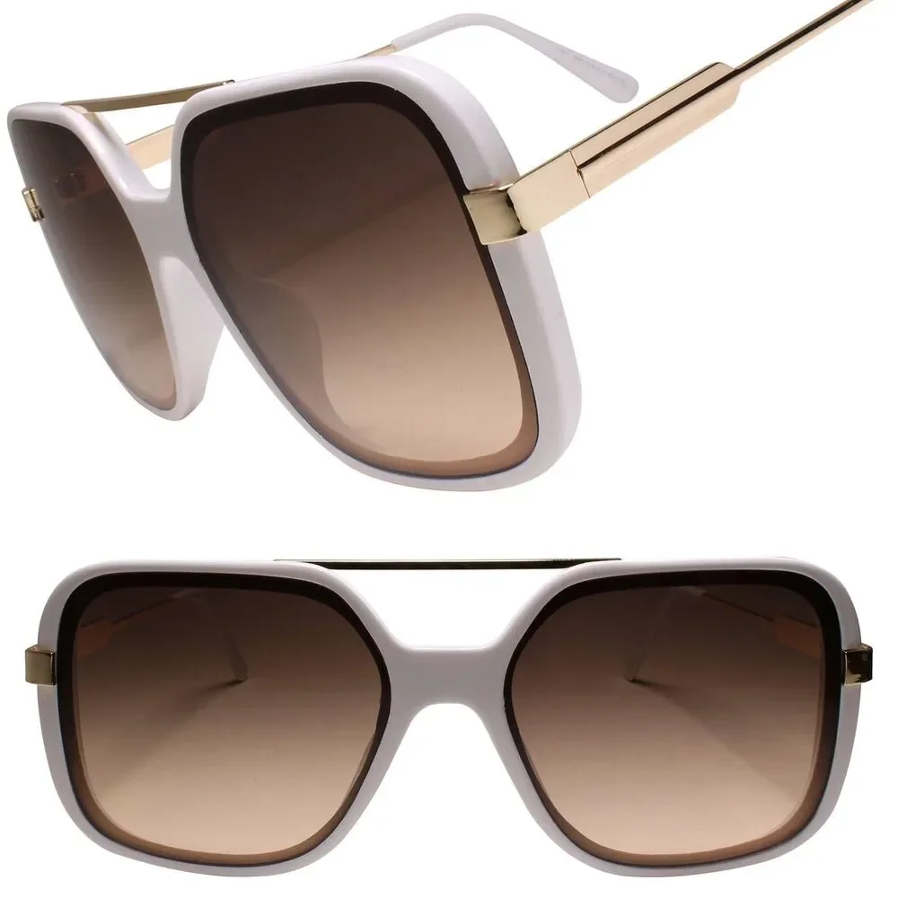 Oversized Stylish Square White and Gold Sunglasses
